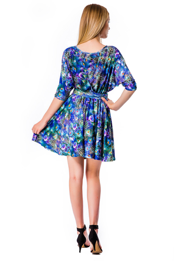 Фото товара 7014, синее летнее платье с принтом перо павлина